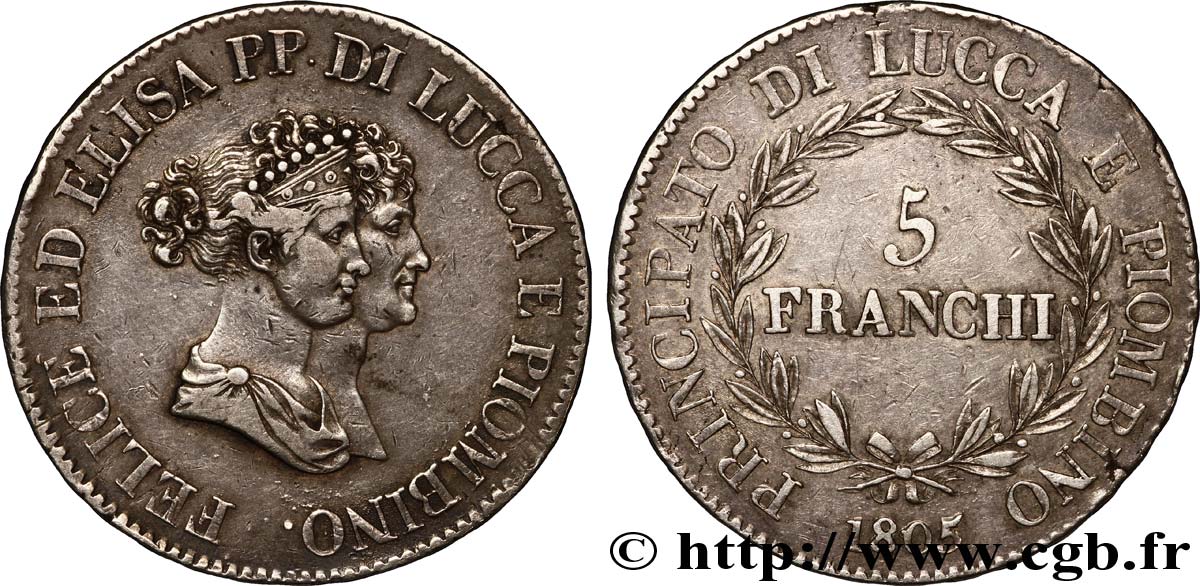 ITALIA - LUCCA E PIOMBINO 5 Franchi Elise et Félix Baciocchi, Principauté de Lucques et Piombino, petits bustes 1805 Florence BB 