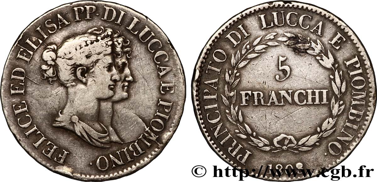 ITALY - LUCCA AND PIOMBINO 5 Franchi Elise et Félix Baciocchi, Principauté de Lucques et Piombino, grands bustes 1808 Florence VF 