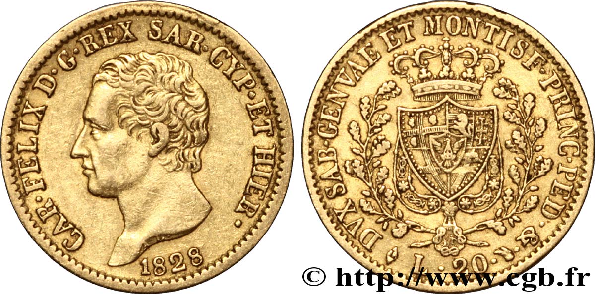 ITALY - KINGDOM OF SARDINIA 20 Lire Charles Félix 1828 Turin AU 