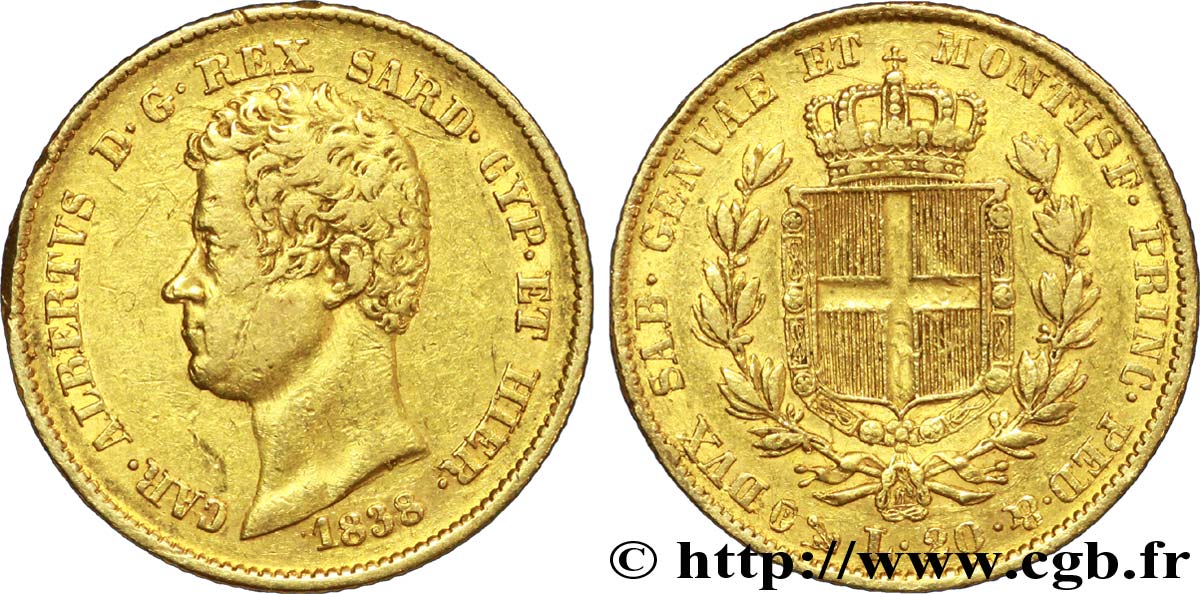 ITALY - KINGDOM OF SARDINIA 20 Lire Charles-Albert roi de Sardaigne 1838 Gênes VF 