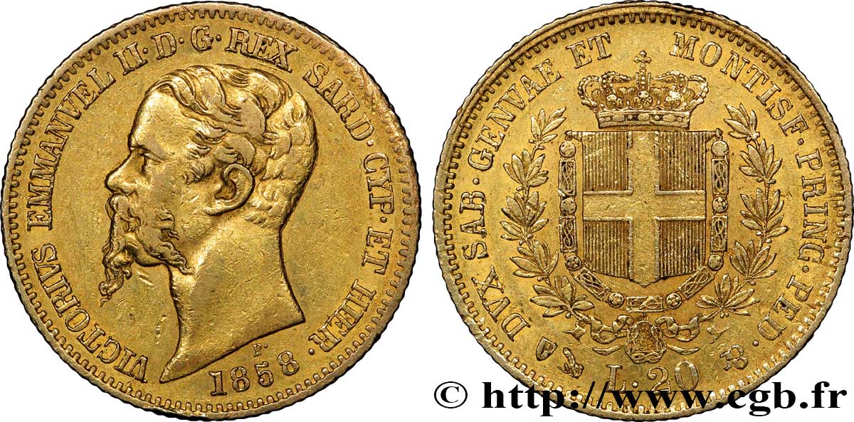 ITALIA - REINO DE CERDEÑA 20 Lire or Victor-Emmanuel roi de Sardaigne / écu de Savoie 1858 Gênes MBC+ 