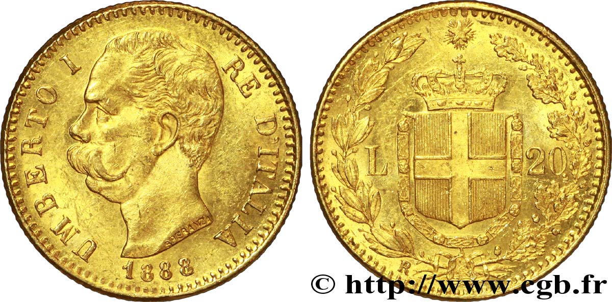 ITALIA 20 Lire Umberto I roi d’Italie / armes de Savoie couronnées 1883 Rome - R SPL 