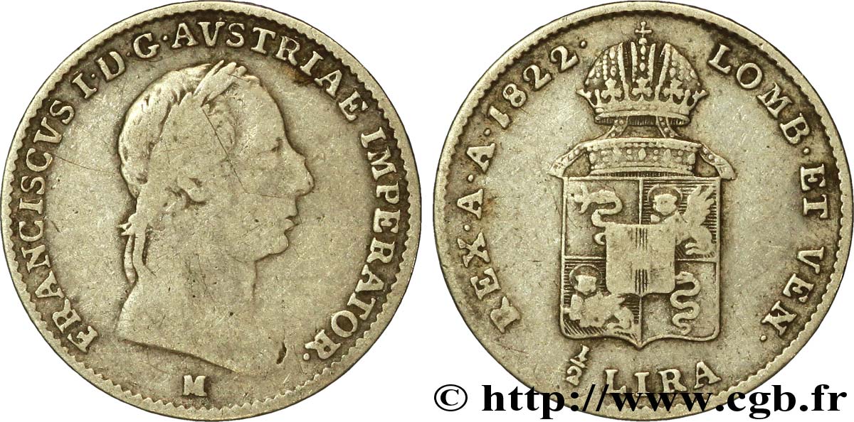 ITALY - LOMBARDY - VENETIA 1/2 Lire Royaume Lombardo-Vénitien François Ier d’Autriche 1822 Milan - M VF 