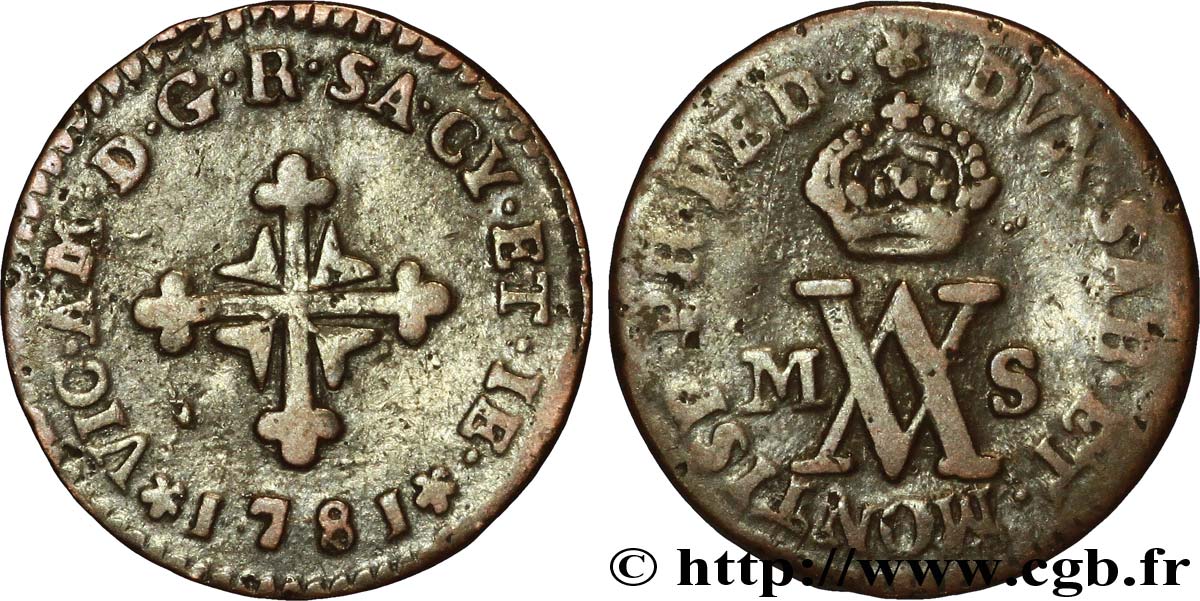 ITALIA - REINO DE CERDEÑA 1/2 Soldo Royaume de Sardaigne monograme de Victor Amédée III 1781 Turin BC 