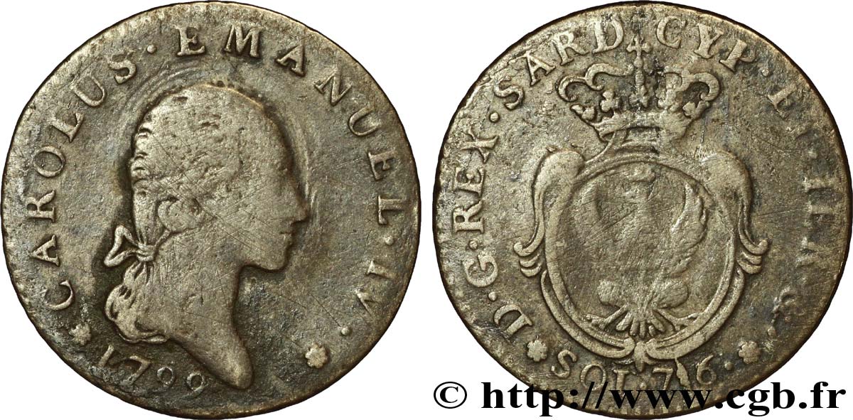 ITALIA - REGNO DE SARDINIA 7 Soldi et 6 Denari Royaume de Sardaigne Charles-Emmanuel IV 1799 Turin q.MB 