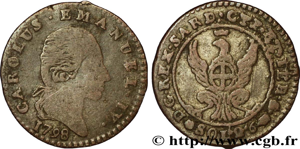 ITALIEN - KÖNIGREICH SARDINIEN 2 Soldi et 6 Denari Royaume de Sardaigne Charles-Emmanuel IV 1798 Turin fS 