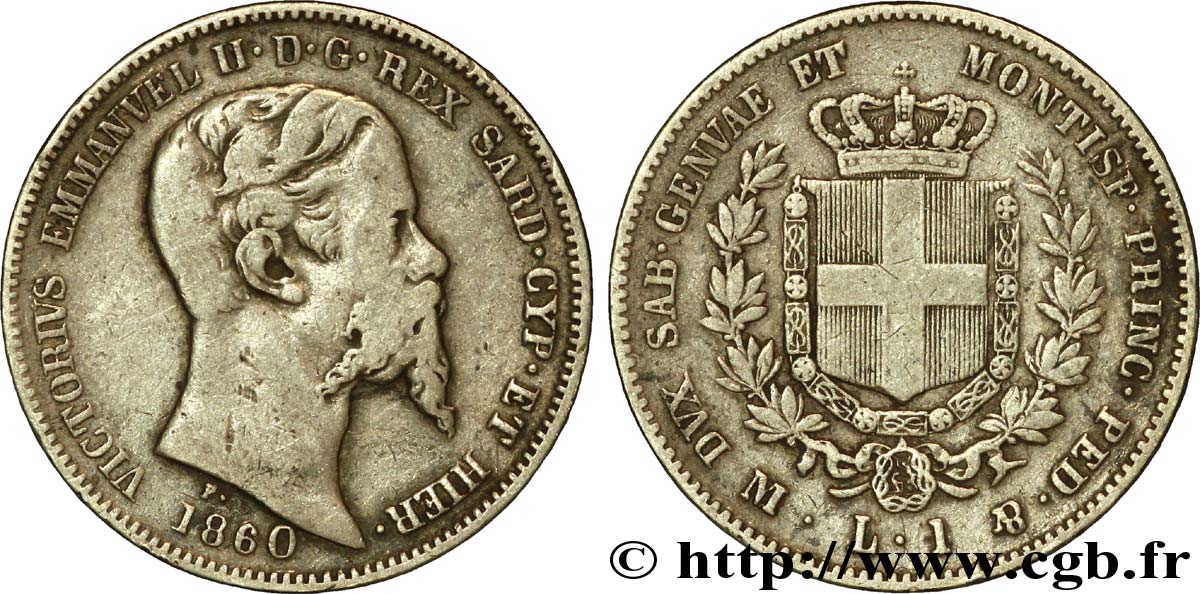 ITALIA - REGNO DE SARDINIA 1 Lire Victor Emmanuel II roi de Sardaigne 1860 Milan MB 