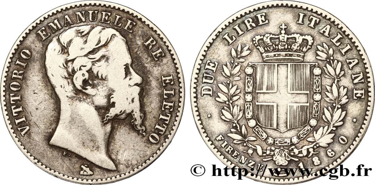 ITALY 2 Lire Victor Emmanuel II roi élu d’Italie 1860 Florence VF 