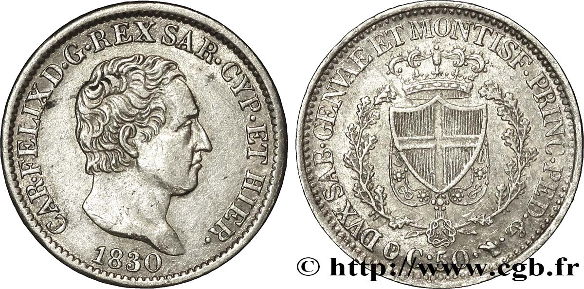 ITALIA - REGNO DE SARDINIA 50 Centesimi Charles Félix 1830 Turin q.SPL 
