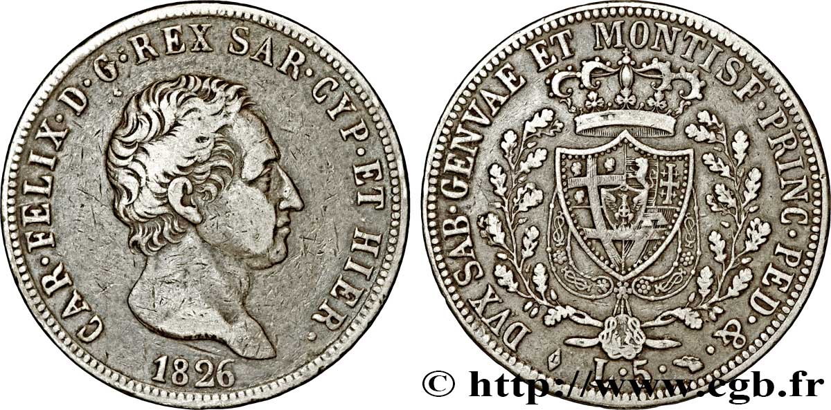 ITALIEN - KÖNIGREICH SARDINIEN 5 Lire Charles Félix, roi de Sardaigne 1826 Turin SS 