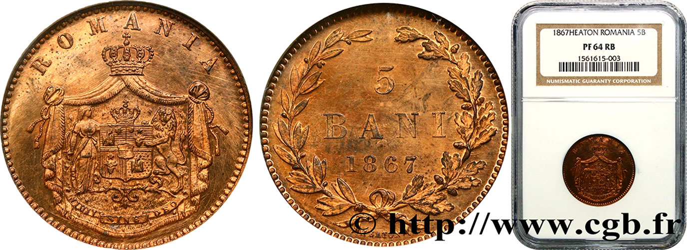 ROMANIA 5 Bani Proof manteau d’armes couronné 1867 Heaton MS64 NGC