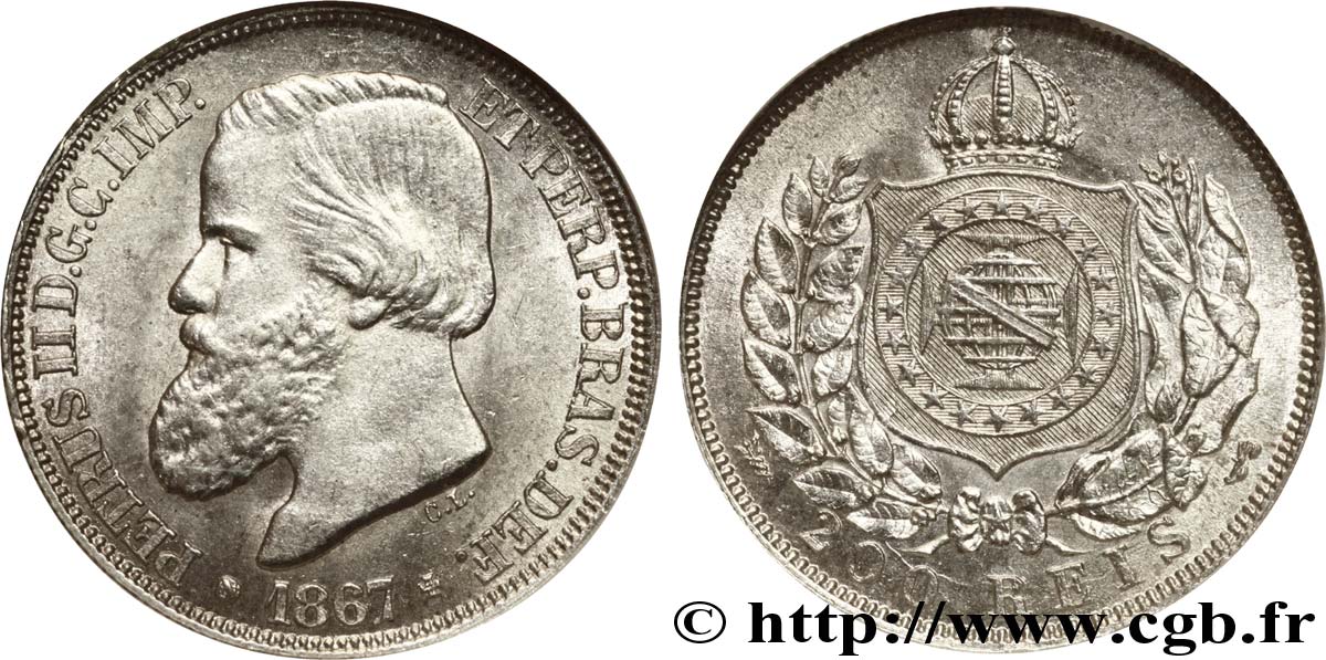 BRAZIL 200 Reis Empereur Pierre II 1867  MS62 NGC
