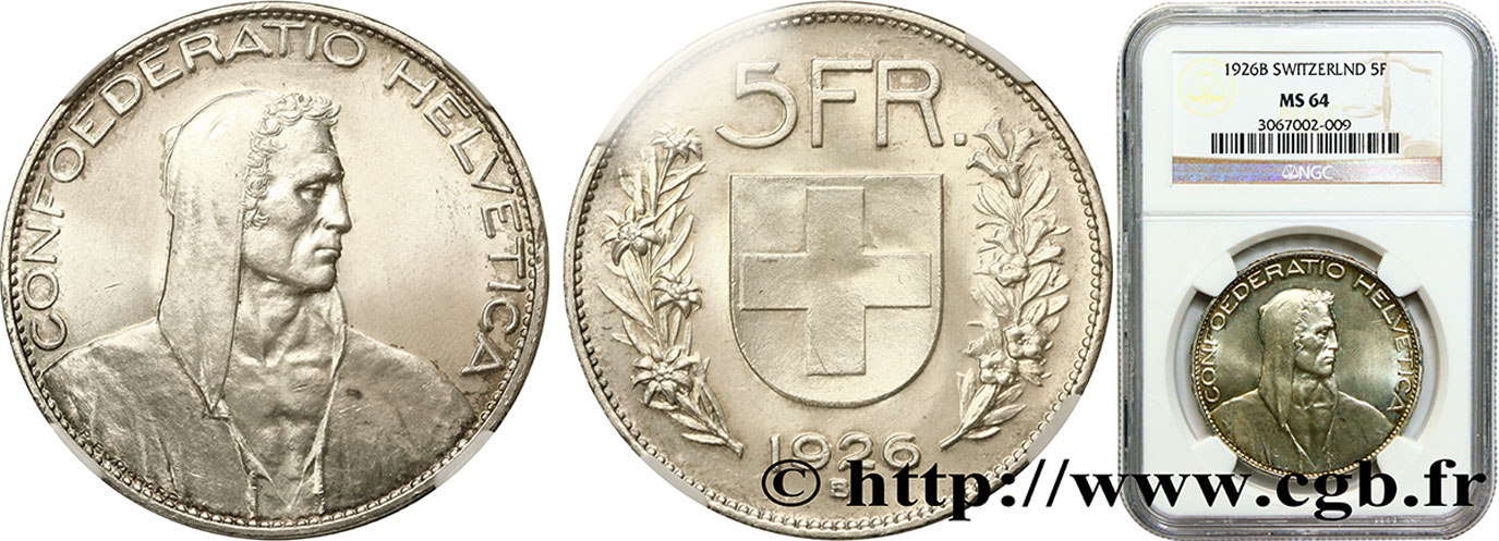 SCHWEIZ 5 Francs Berger 1926 Berne fST64 NGC