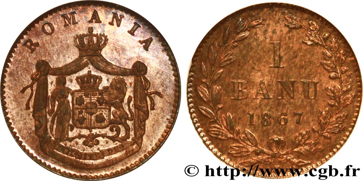 ROMANIA 1 Banu armes 1867 Heaton MS64 NGC