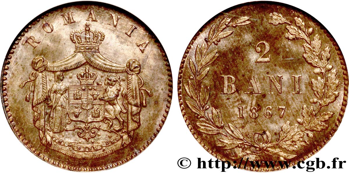 ROMANIA 2 Bani manteau d’armes couronné 1867 Heaton MS65 NGC