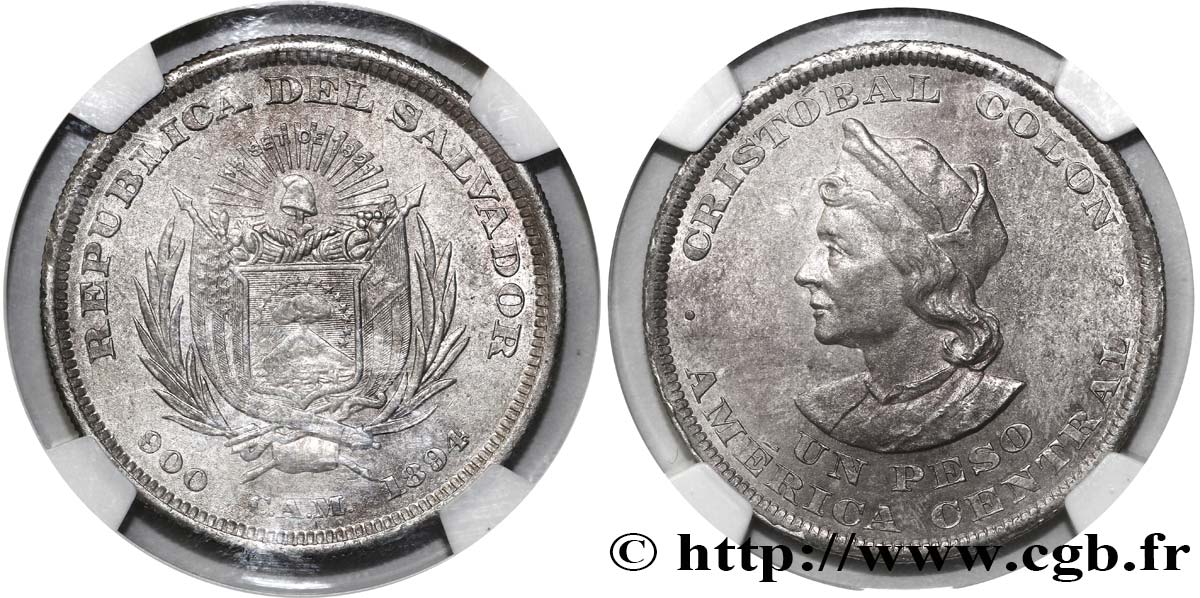 EL SALVADOR 1 Peso Christophe Colomb 1894  EBC62 NGC