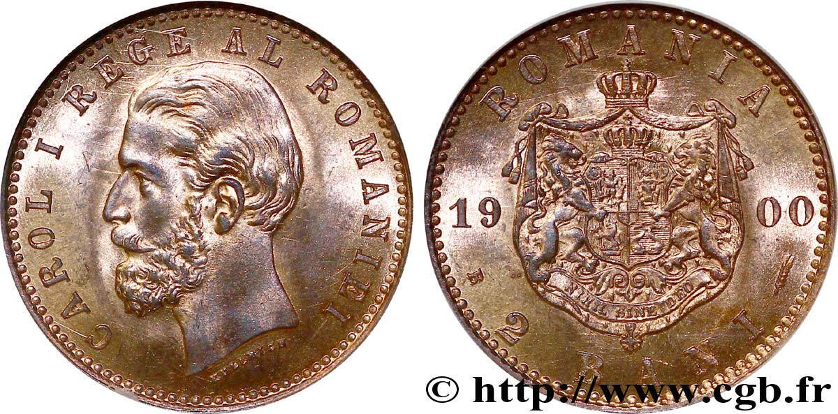ROMANIA 2 Bani Charles Ier / armes 1900 Bucarest - B MS65 NGC