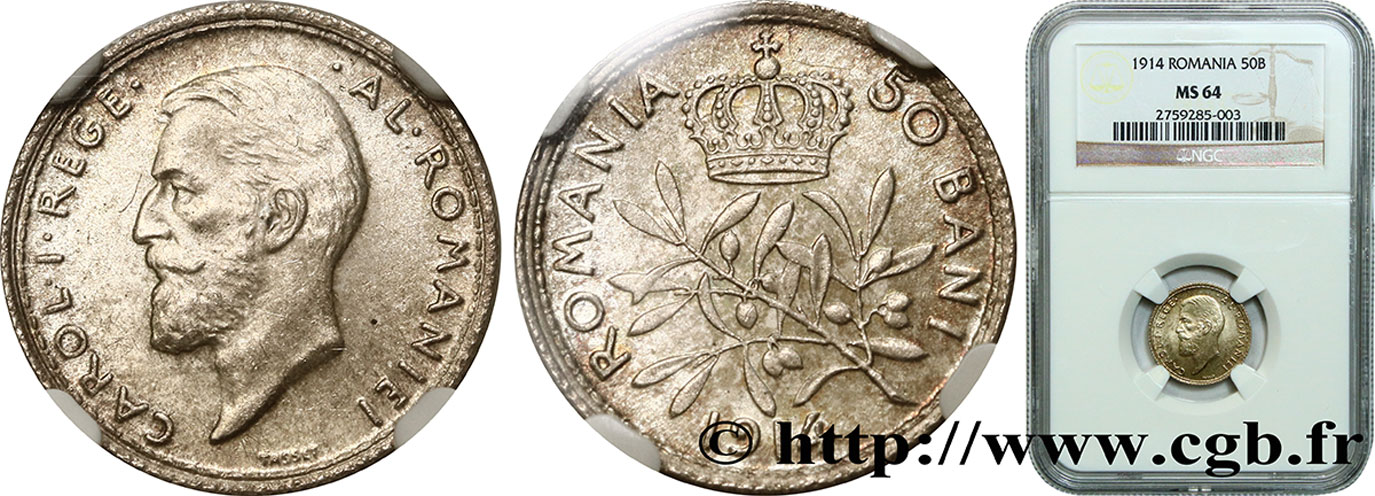 ROMANIA 50 Bani Charles Ier 1914  MS64 NGC