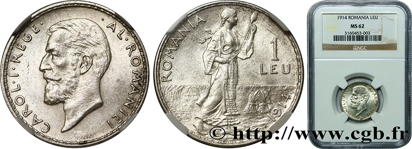 ROMANIA 1 Leu Charles Ier 1914  MS62 NGC