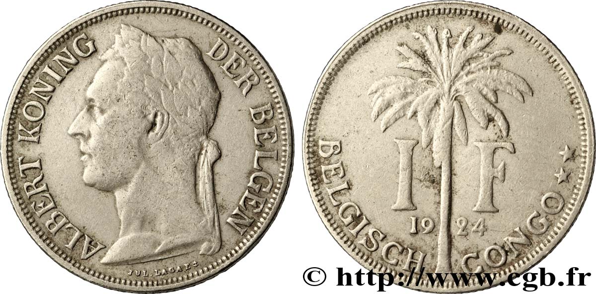 BELGISCH-KONGO 1 Franc roi Albert légende flamande 1924  SS 