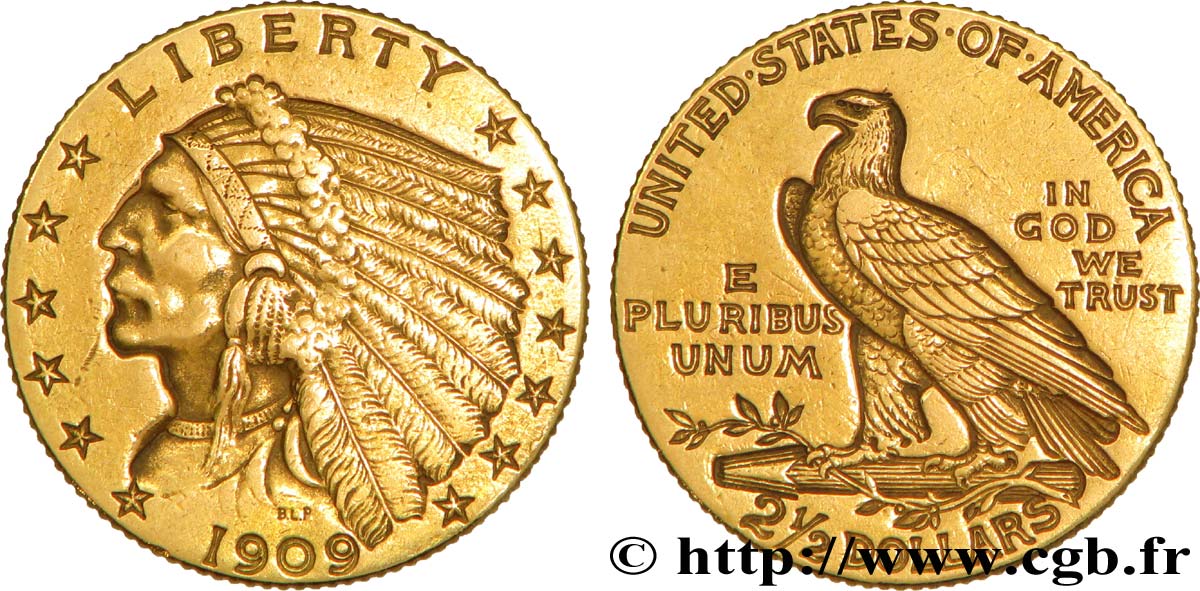 ÉTATS-UNIS D AMÉRIQUE 2 1/2 Dollars or (Quarter Eagle) type “tête d’indien”  1909 Philadelphie SUP 