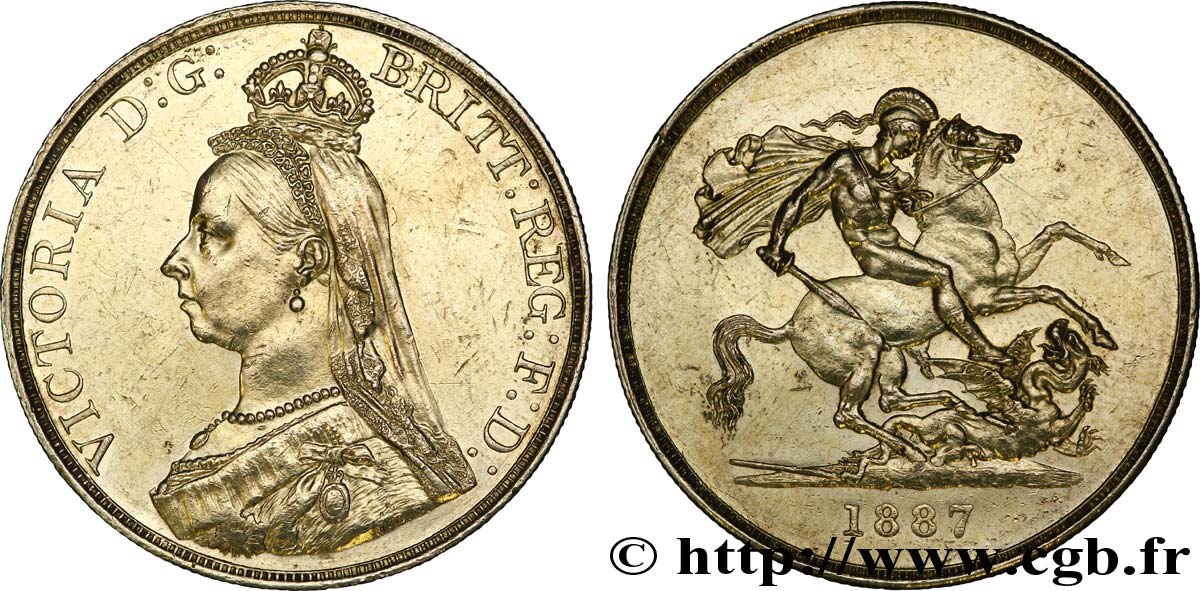 REINO UNIDO 5 Livres (Five pounds), Victoria  Jubilee head  / St Georges terrassant le dragon 1887 Londres EBC 
