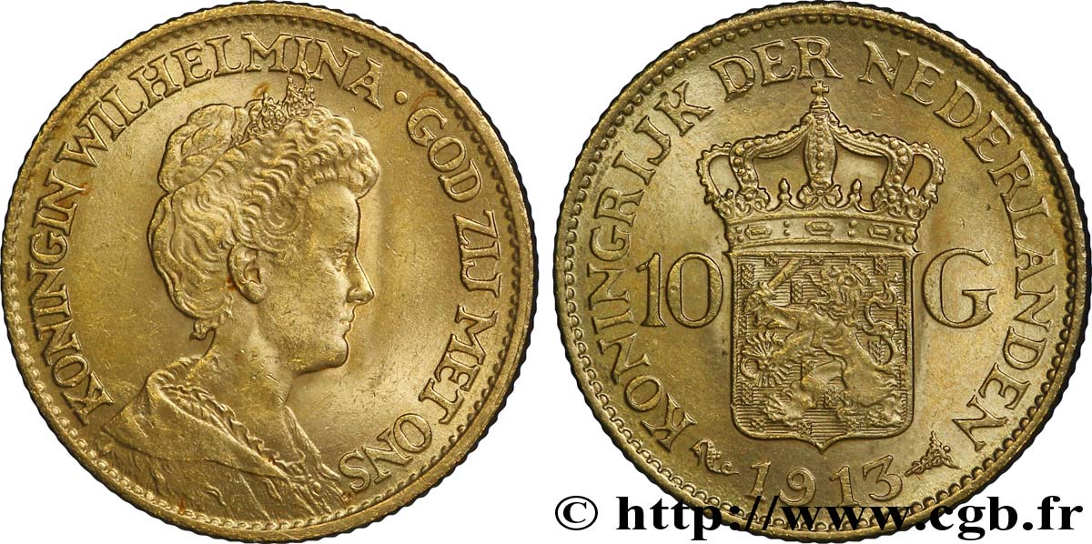PAíSES BAJOS 10 Gulden or ou 10 Florins Wilhelmina 1913 Utrecht EBC 