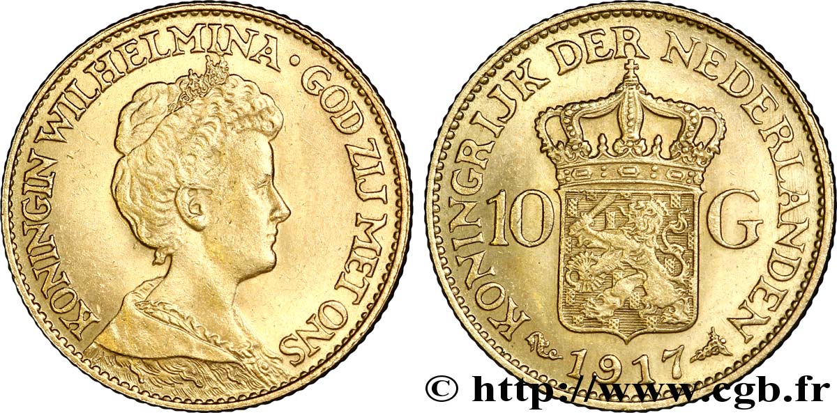 NIEDERLANDE 10 Gulden, 3e type Wilhelmina 1917 Utrecht VZ/fST 