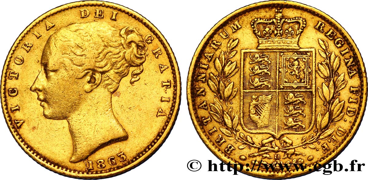 REINO UNIDO 1 Souverain Victoria buste jeune / blason variété avec numéro de coin, coin n°11 1863 Londres MBC 