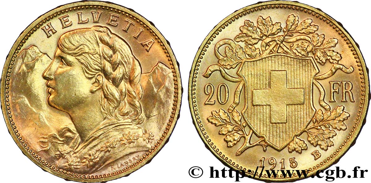 SVIZZERA  20 Francs or  Vreneli  jeune fille / croix suisse 1915 Berne - B SPL+ 