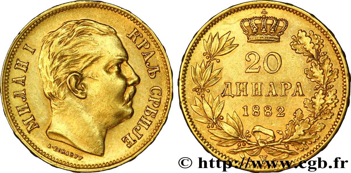 SERBIEN 20 Dinara Milan IV Obrenovic 1882 Vienne VZ 