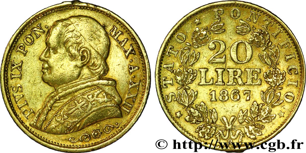 VATICAN AND PAPAL STATES 20 Lire Pie IX anno XXII 1867 Rome XF 