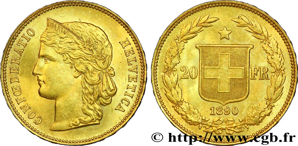 SUIZA 20 Francs or buste diadémé d Helvetia / croix suisse 1890 Berne - B SC 