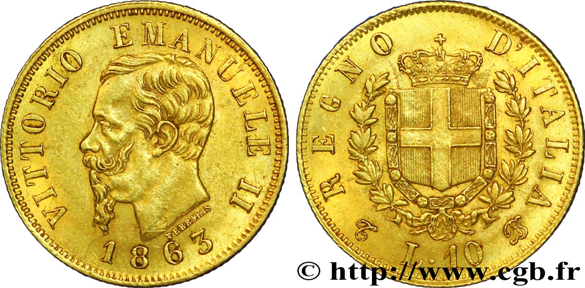 ITALIEN 10 Lire or Victor Emmanuel II, roi d’Italie 1863 Turin - T VZ 
