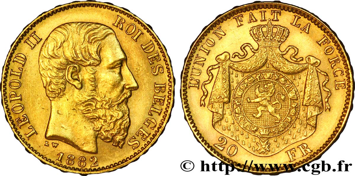 BELGIEN 20 Francs Léopold II 1882 Bruxelles VZ 