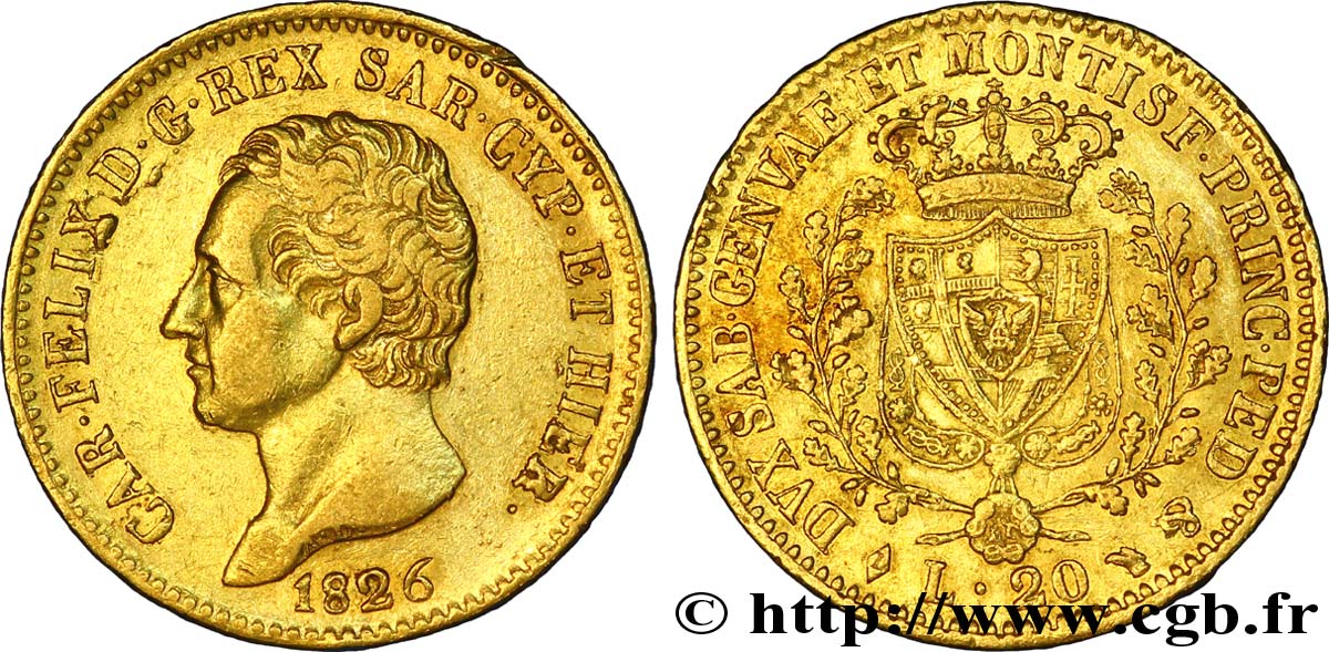 ITALY - KINGDOM OF SARDINIA 20 Lire Charles Félix roi de Sardaigne 1826 Turin XF 