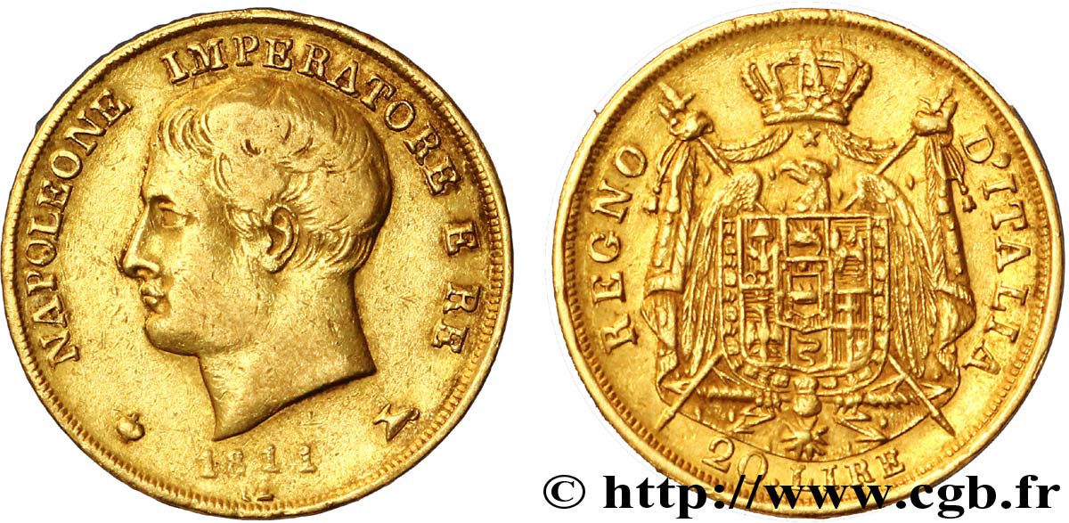 ITALIA - REGNO D ITALIA - NAPOLEONE I 20 lire or Napoléon Empereur et Roi d’Italie, 2e type, tranche en creux 1811 Milan q.BB 