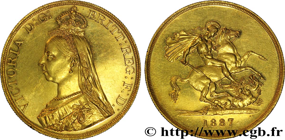 UNITED KINGDOM 5 Livres (Five pounds), Victoria  Jubilee head  / St Georges terrassant le dragon 1887 Londres AU 
