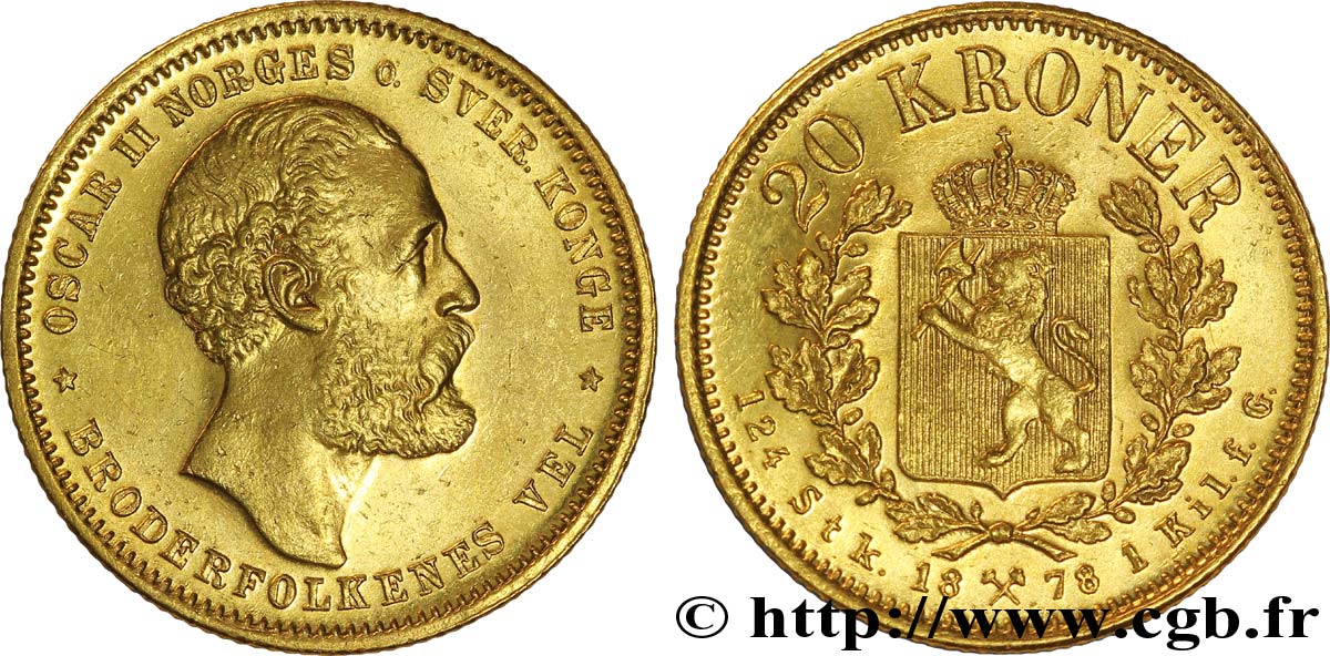 NORWAY 20 Kroner or, Oscar II 2e type 1878  AU 