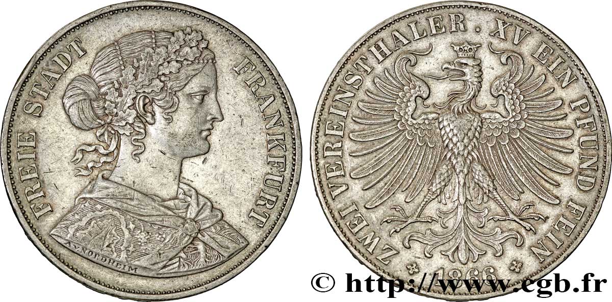 GERMANIA - LIBERA CITTA DE FRANCOFORTE 2 Thaler - Francfort femme / aigle 1866  q.SPL 