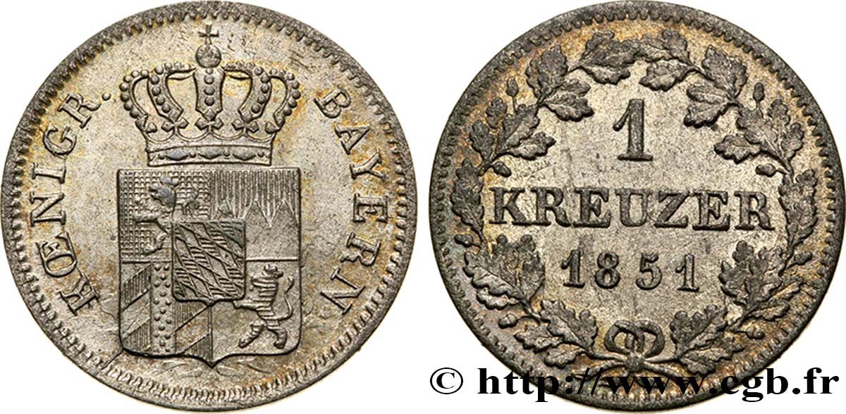 GERMANIA - BAVIERIA 1 Kreuzer armes couronnées de Bavière 1851  SPL 