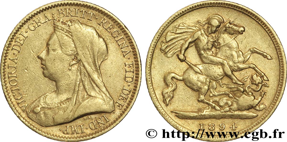 UNITED KINGDOM 1/2 Souverain Victoria vieille tête / Saint Georges terrassant le dragon 1894 Londres XF45 