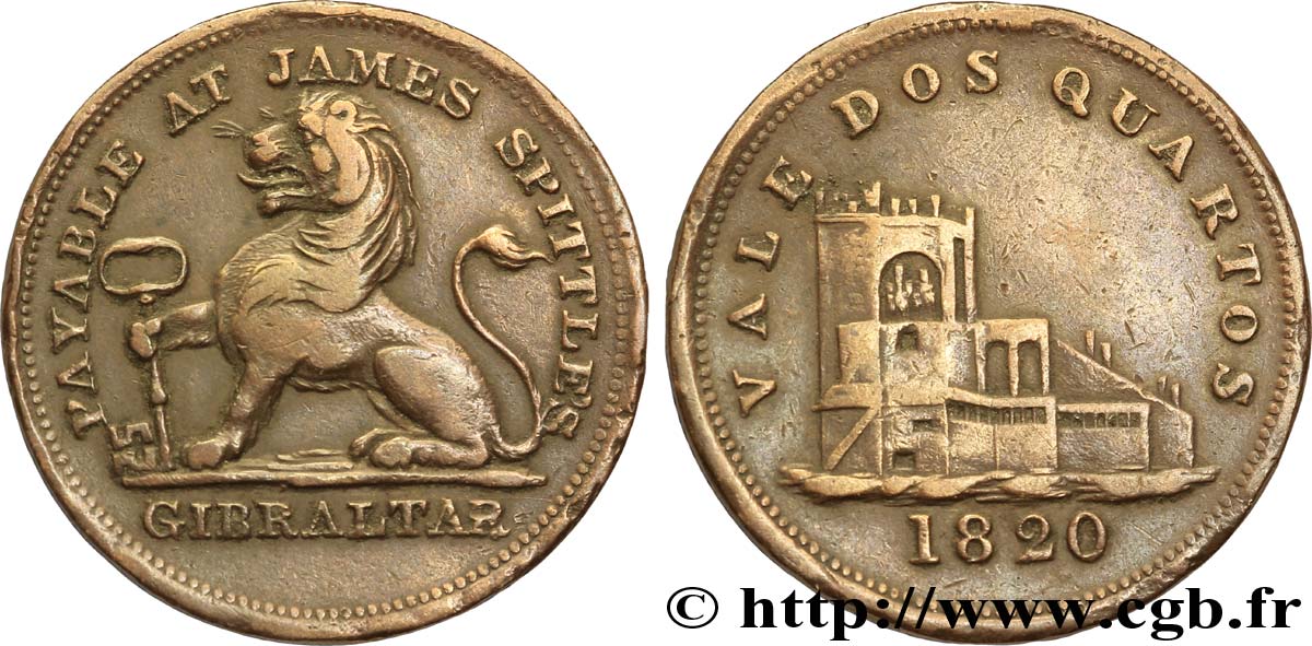 GIBRALTAR 2 Quartos lion tenant une clé, château 1820  BC+ 