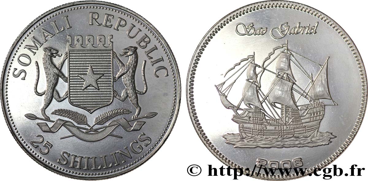 SOMALIA 25 Shillings Voiliers historiques : emblème / le Sao Gabriel 2008  fST 