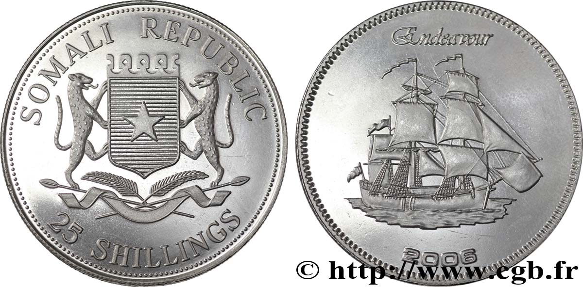 SOMALIA 25 Shillings Voiliers historiques : emblème / le Endeavour 2008  SC 