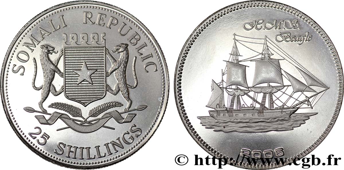 SOMALIA 25 Shillings Voiliers historiques : emblème / le HMS Beagle  2008  fST 