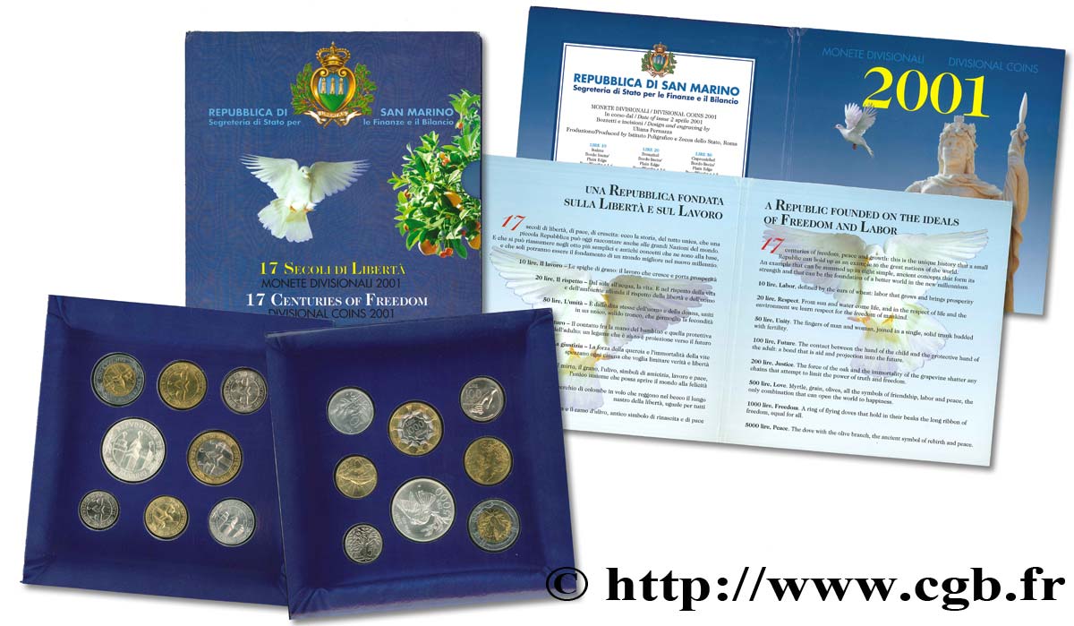 SAN MARINO Série FDC 8 Monnaies “17 siècles de Liberté” 2001 Rome ST 
