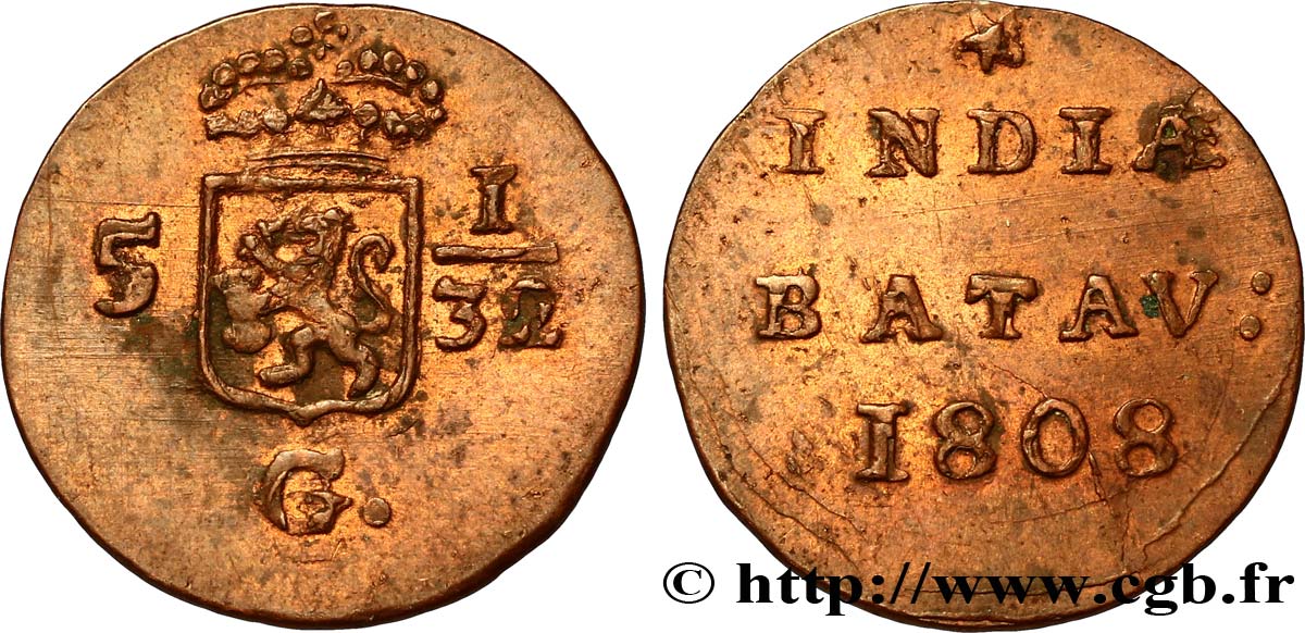 NETHERLANDS INDIES 5 1/32 Gulden (1/2 Duit) écu couronné des Pays-Bas 1808 Enkhuizen AU 
