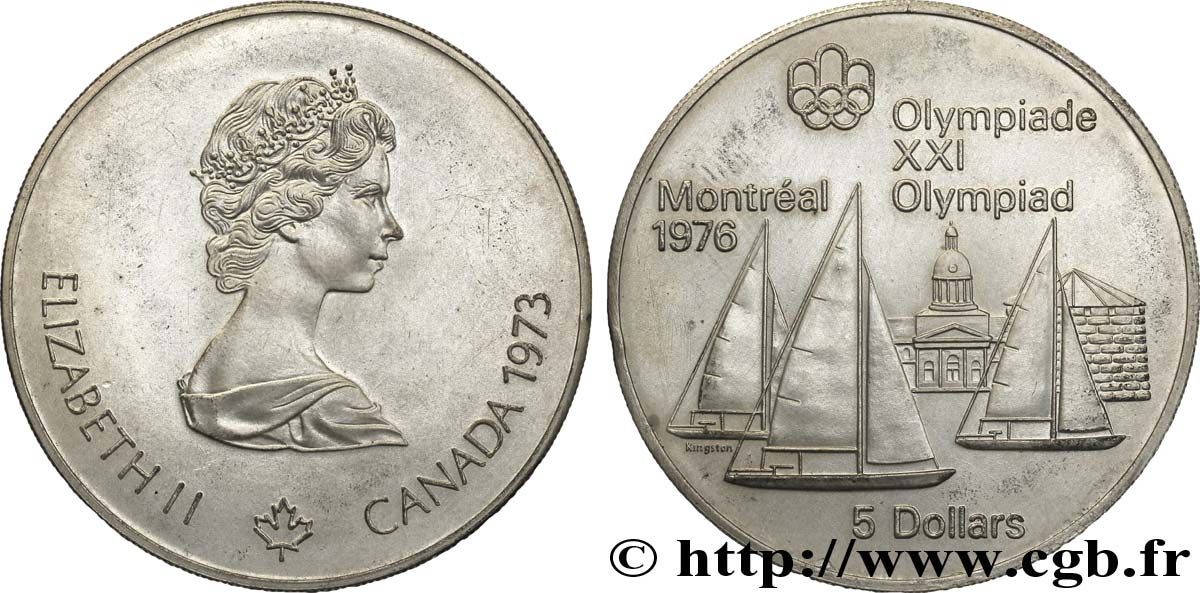 KANADA 5 Dollars JO Montréal 1976 voiliers / Elisabeth II 1973  VZ 