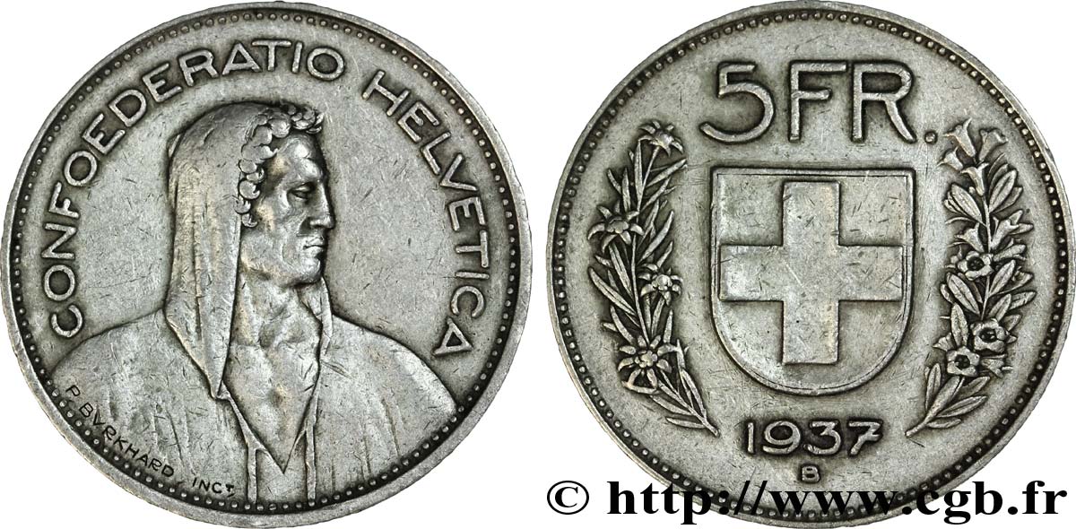SWITZERLAND 5 Francs Berger des alpes / bouclier suisse 1937 Berne - B XF 